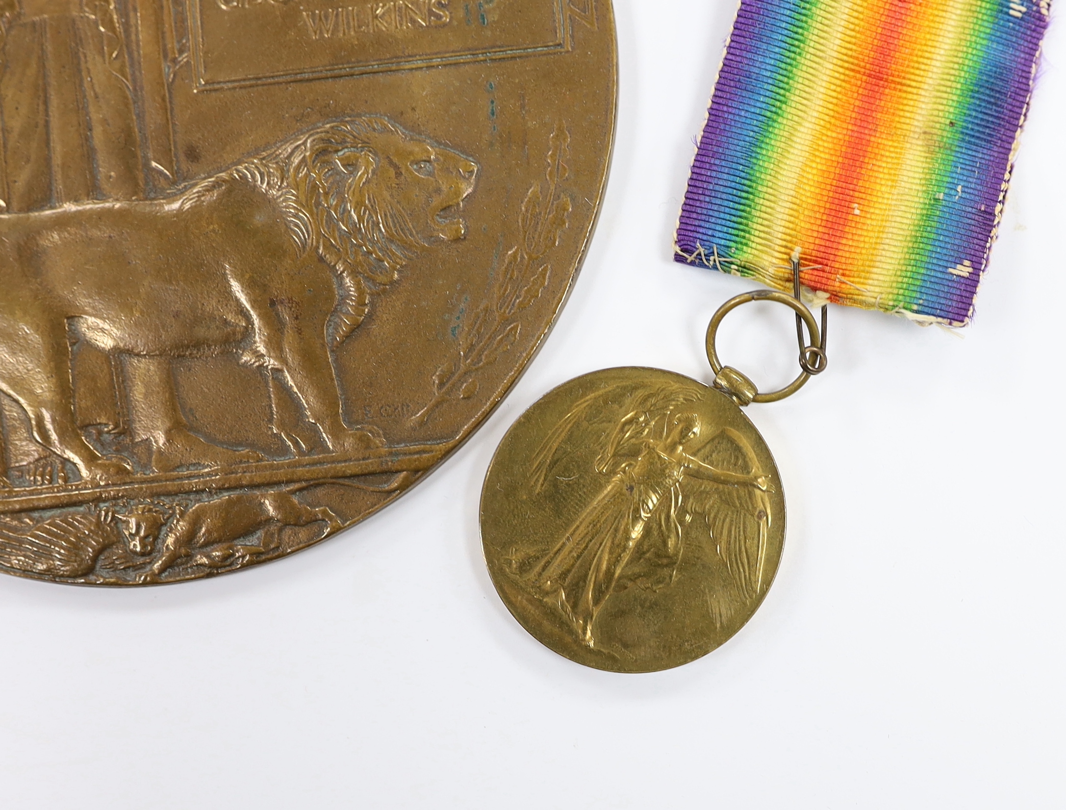 A First World War medal group to G.A. Wilkins A.B. R.N.V.R.; the Victory medal, the War medal and the 1914-15 star, together with the bronze Memorial Plaque in his name